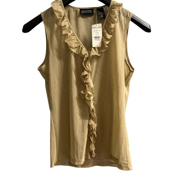Vintage‎ New York & Company Top Womens M Tan Sheer Ruffle Front Tank Whimsigoth - Picture 1 of 8